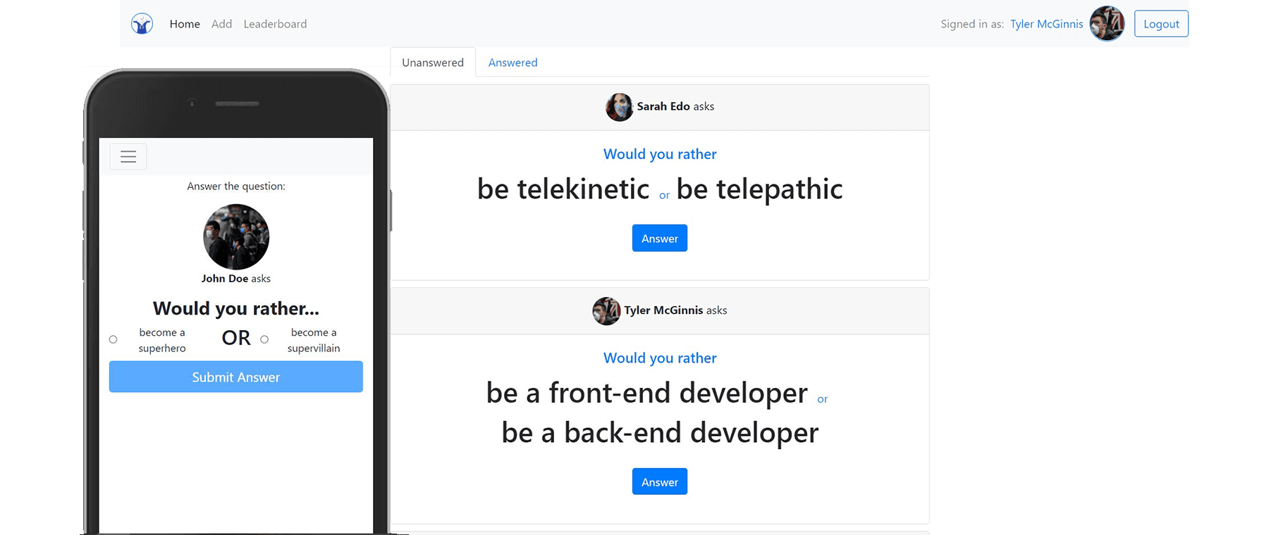 screenshots of Would You Rather on different devices